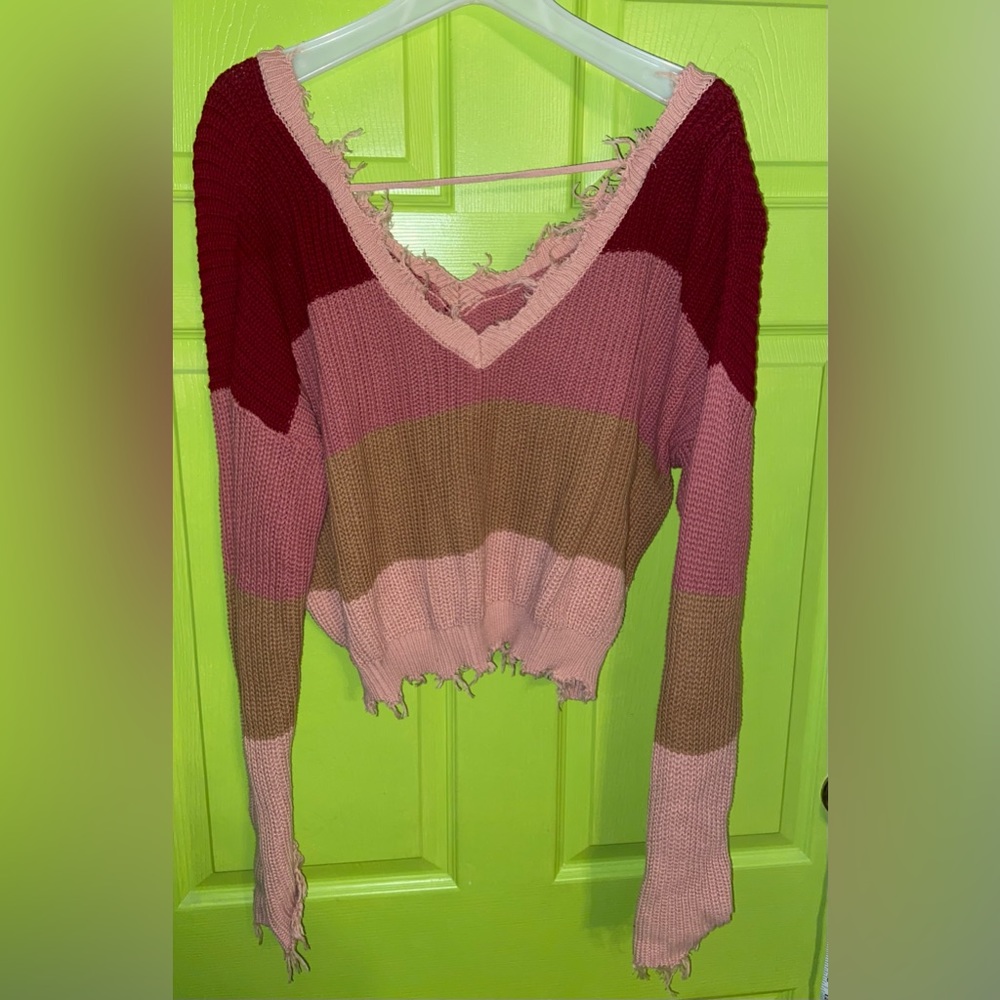 Distressed Striped V Neck Sweater